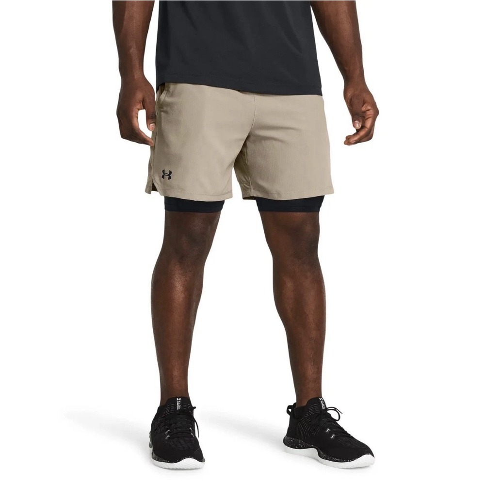 Under Armour Vanish 2-in-1 Shorts Men's XL Taupe Black Woven Brief Lined 1373764
